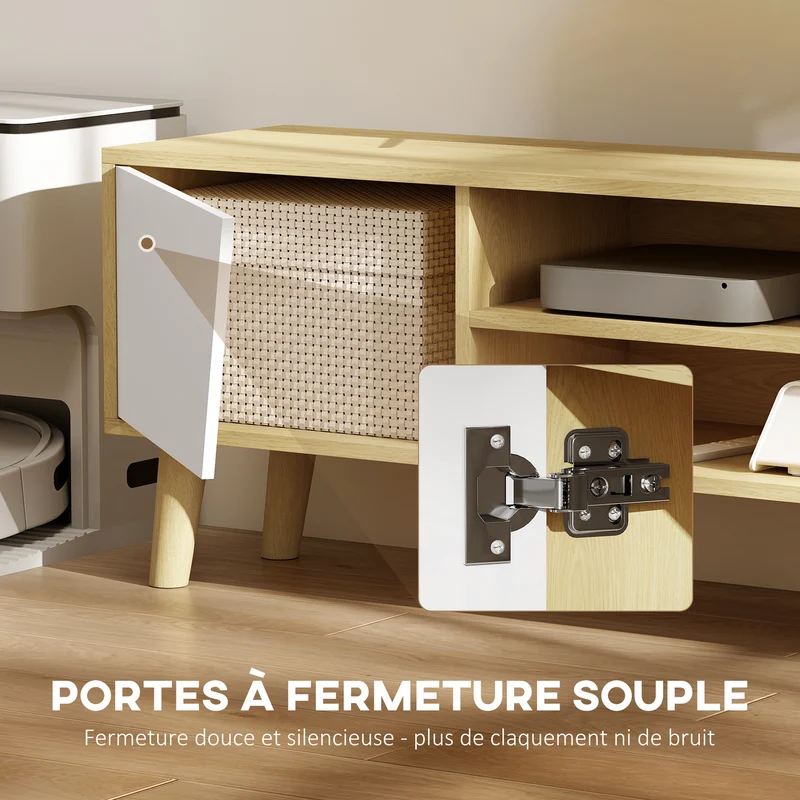Meuble télévision scandinave 150 x 30 x 42 cm 2 portes 2 niches passe-fils moderne en panneau de particules naturel 21_0003109