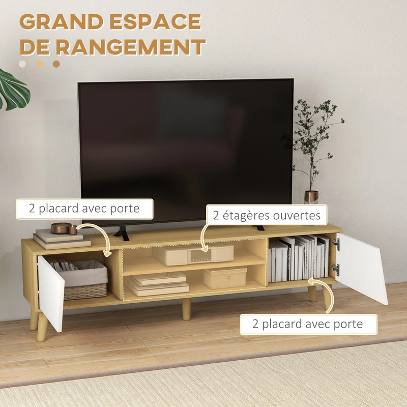 Meuble télévision scandinave 150 x 30 x 42 cm 2 portes 2 niches passe-fils moderne en panneau de particules naturel 21_0003109