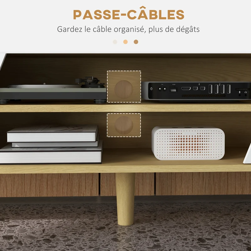 Meuble télévision scandinave 150 x 30 x 42 cm 2 portes 2 niches passe-fils moderne en panneau de particules naturel 21_0003109