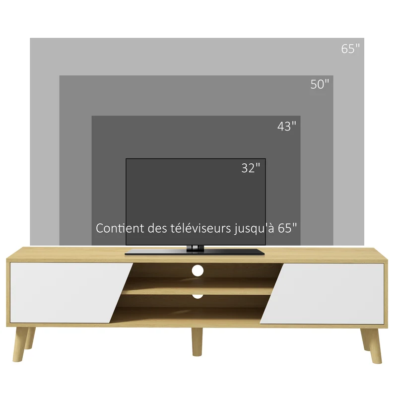 Meuble télévision scandinave 150 x 30 x 42 cm 2 portes 2 niches passe-fils moderne en panneau de particules naturel 21_0003109