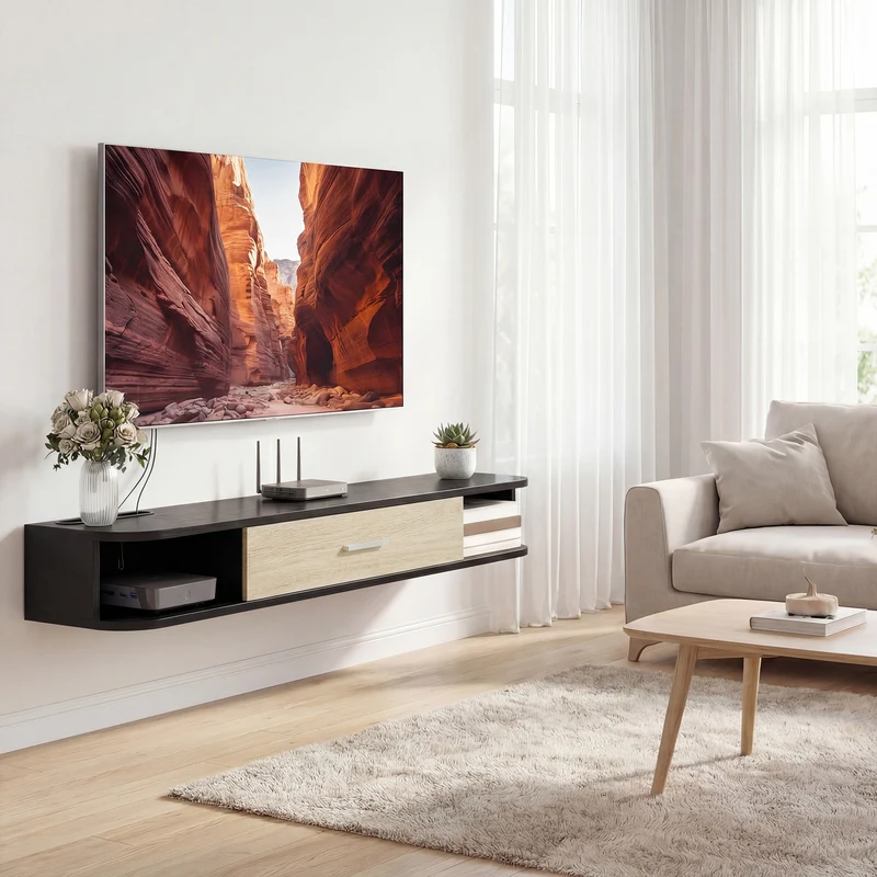 Meuble télévision mural salon 120 x 26 x 16 cm gain de place rangement sûr moderne épuré avec finition mate en MDF noir 21_0003184