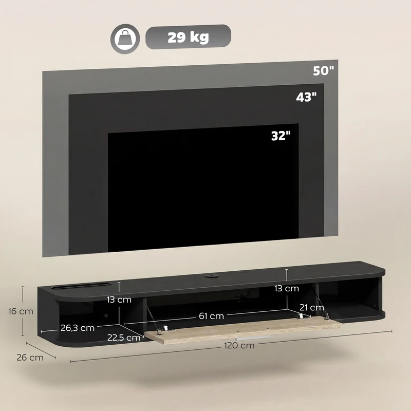 Meuble télévision mural salon 120 x 26 x 16 cm gain de place rangement sûr moderne épuré avec finition mate en MDF noir 21_0003184