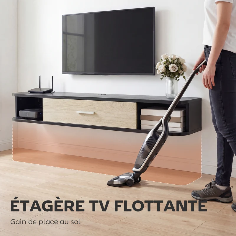 Meuble télévision mural salon 120 x 26 x 16 cm gain de place rangement sûr moderne épuré avec finition mate en MDF noir 21_0003184