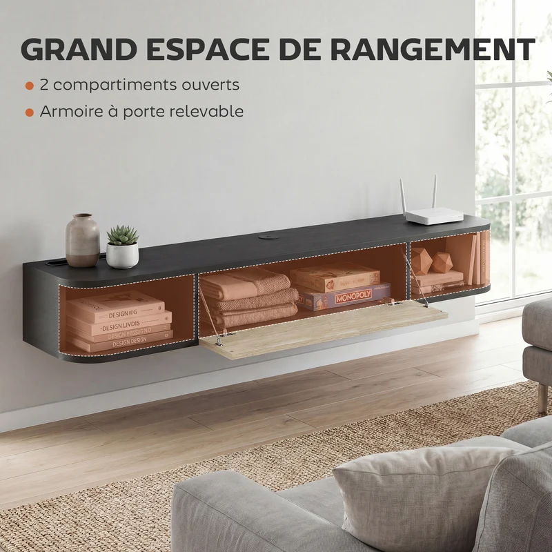 Meuble télévision mural salon 120 x 26 x 16 cm gain de place rangement sûr moderne épuré avec finition mate en MDF noir 21_0003184