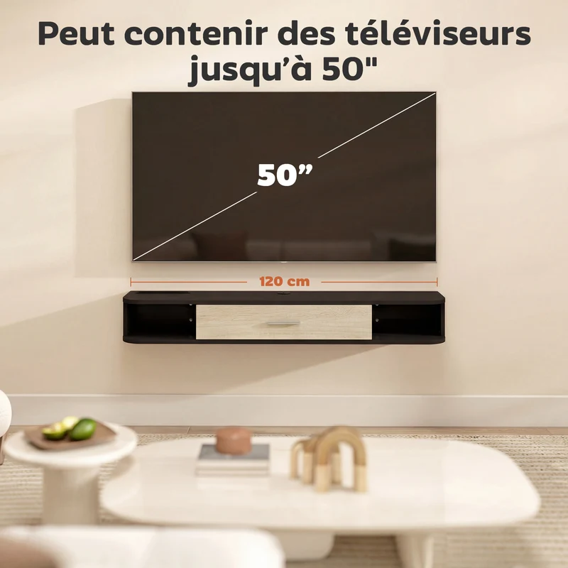 Meuble télévision mural salon 120 x 26 x 16 cm gain de place rangement sûr moderne épuré avec finition mate en MDF noir 21_0003184