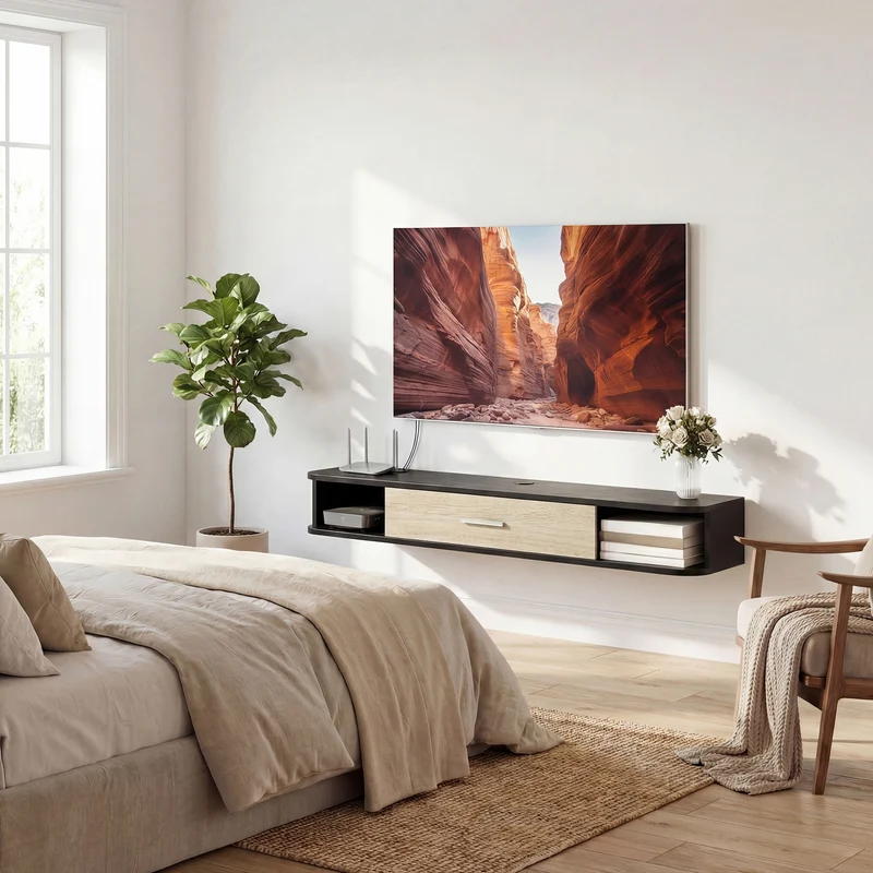 Meuble télévision mural salon 120 x 26 x 16 cm gain de place rangement sûr moderne épuré avec finition mate en MDF noir 21_0003184