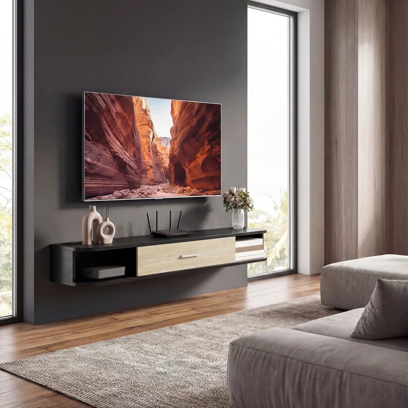 Meuble télévision mural salon 120 x 26 x 16 cm gain de place rangement sûr moderne épuré avec finition mate en MDF noir 21_0003184
