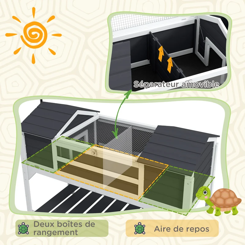Maison pour tortue extérieure double 2 niches support lampe réglable 122 x 56,5 x 93 cm design scandinave en bois gris 21_0007841