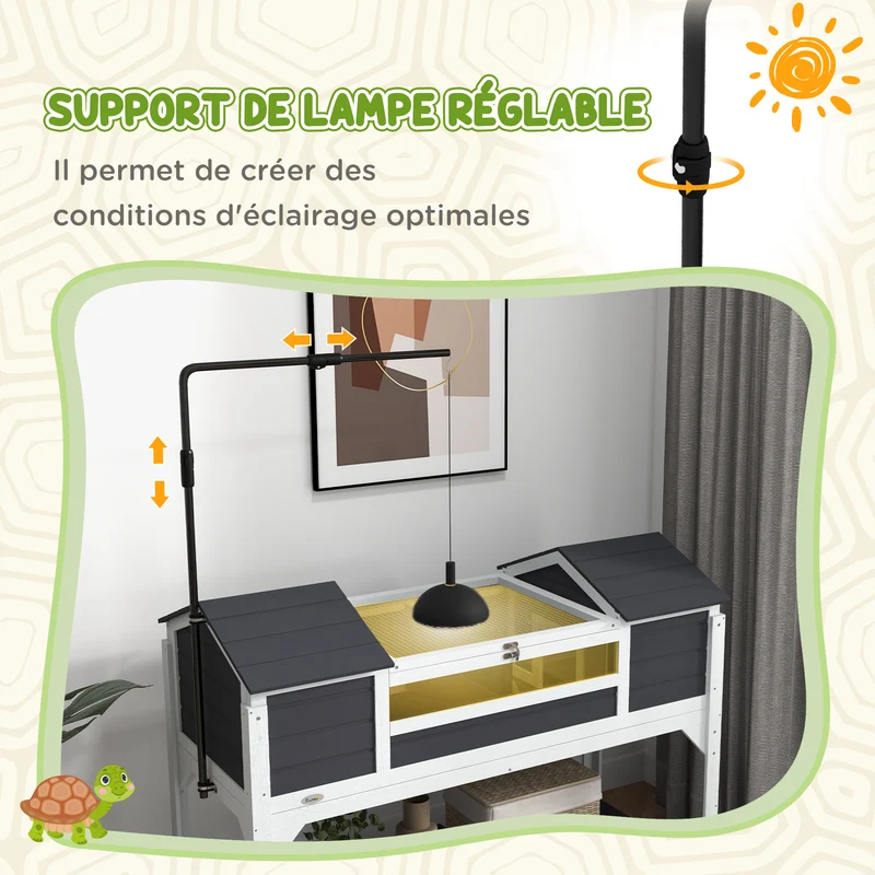 Maison pour tortue extérieure double 2 niches support lampe réglable 122 x 56,5 x 93 cm design scandinave en bois gris 21_0007841