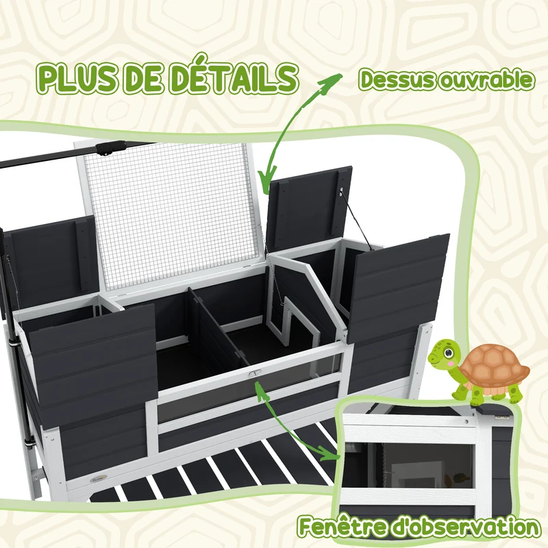 Maison pour tortue extérieure double 2 niches support lampe réglable 122 x 56,5 x 93 cm design scandinave en bois gris 21_0007841