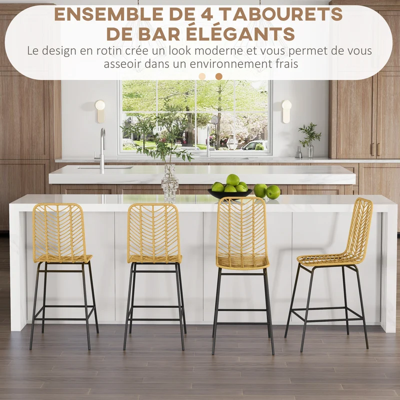 Lot de 4 tabourets de bar pour îlot de cuisine 42.5 x 52 x 102 cm assise confort repose-pieds vintage en résine jaune 21_0002324