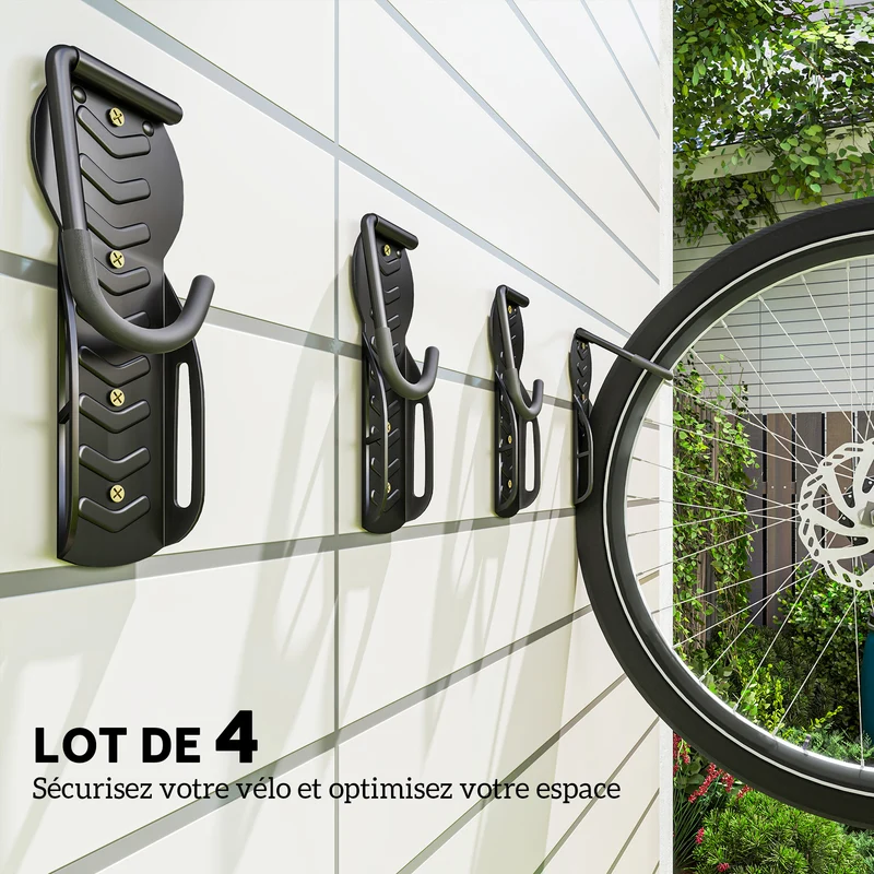 Lot de 4 supports muraux porte vélo repliables 25,5 x 10,5 x 4 cm gain de place style industriel garage en métal noir 21_0006942