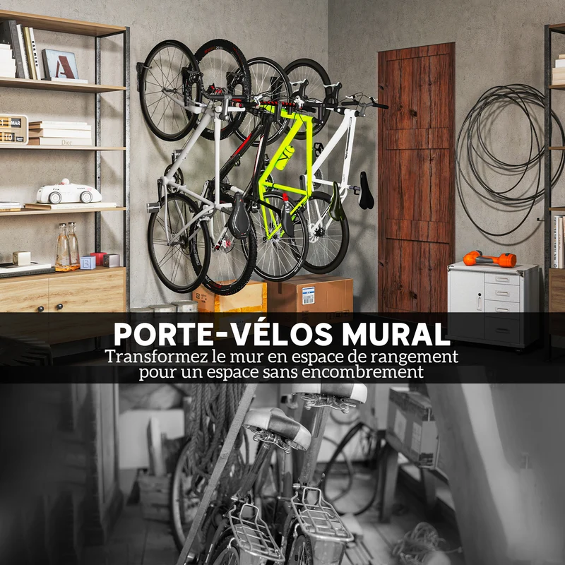 Lot de 4 supports muraux porte vélo repliables 25,5 x 10,5 x 4 cm gain de place style industriel garage en métal noir 21_0006942