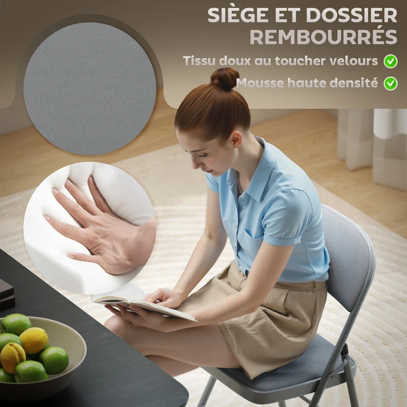 Lot de 4 chaises pliantes 45 x 46 x 78 cm assise rembourrée dossier incliné contemporain moderne en velours gris clair 21_0003302