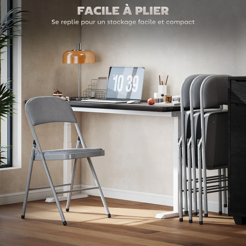Lot de 4 chaises pliantes 45 x 46 x 78 cm assise rembourrée dossier incliné contemporain moderne en velours gris clair 21_0003302