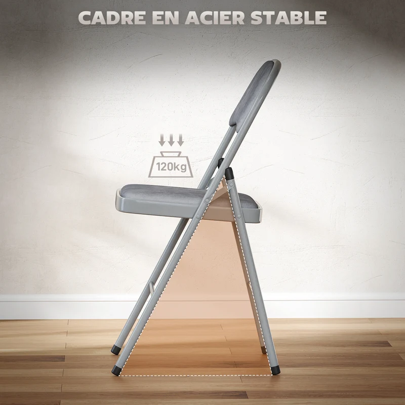 Lot de 4 chaises pliantes 45 x 46 x 78 cm assise rembourrée dossier incliné contemporain moderne en velours gris clair 21_0003302