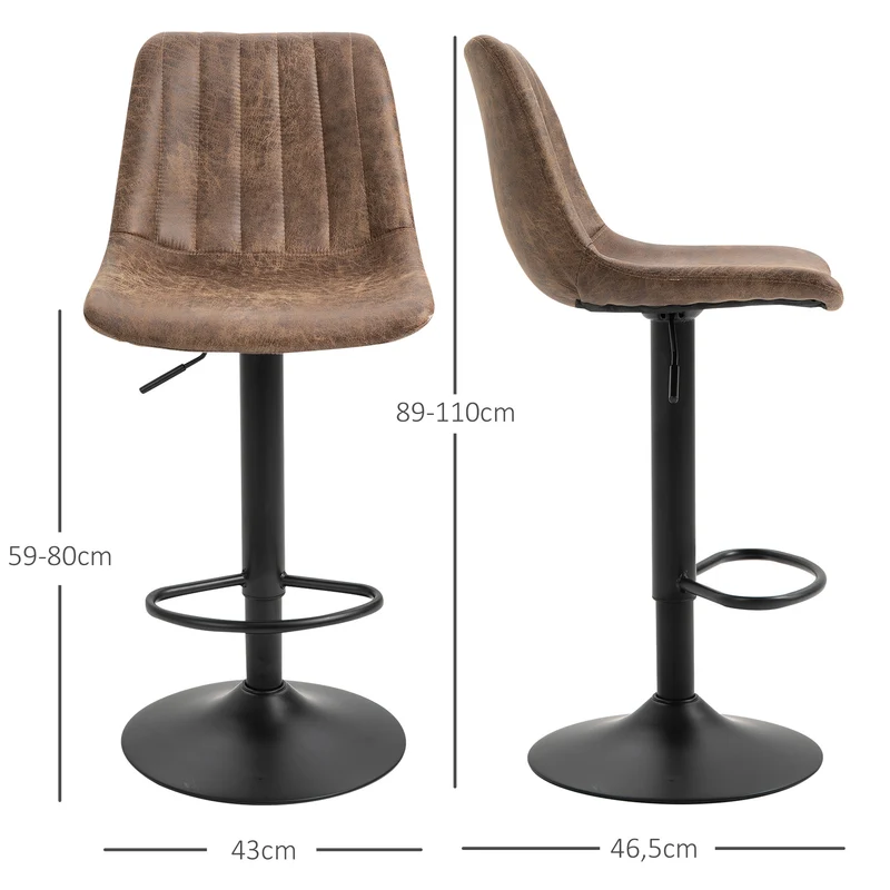 Lot de 2 tabourets de bar 43 x 46,5 x 89-110 cm hauteur réglable pivotants 360° vintage industriel en microfibre marron 21_0002195