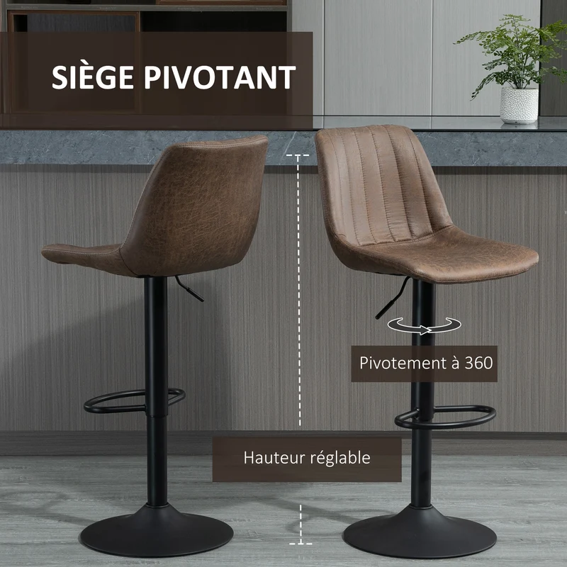 Lot de 2 tabourets de bar 43 x 46,5 x 89-110 cm hauteur réglable pivotants 360° vintage industriel en microfibre marron 21_0002195