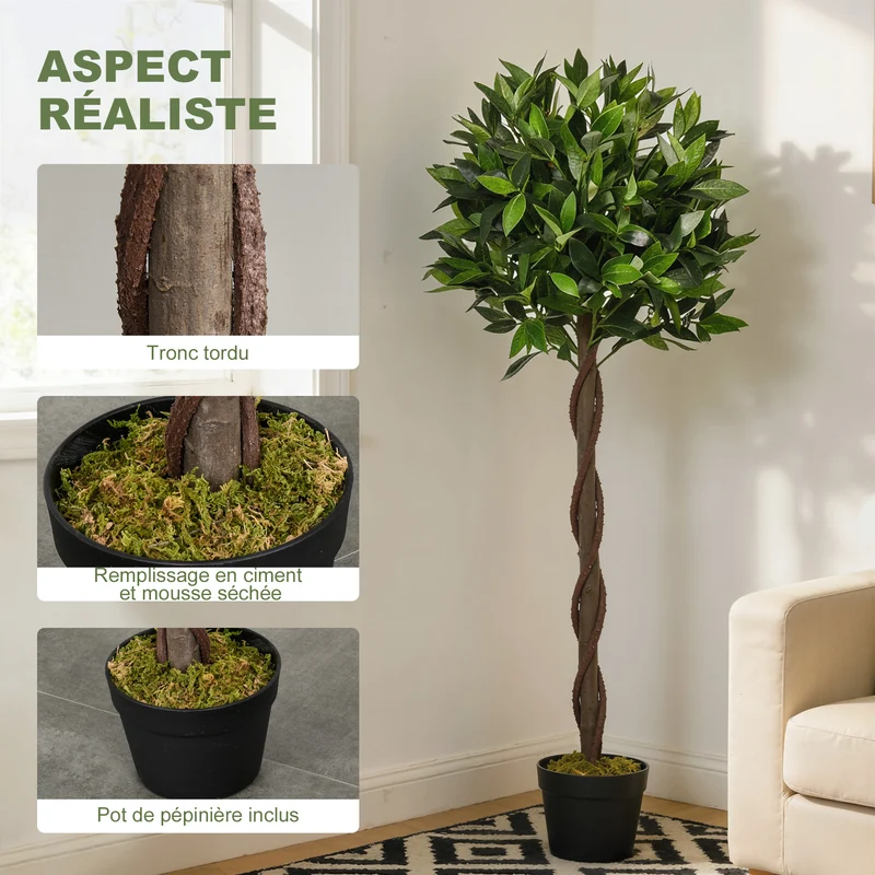 Lot de 2 lauriers topiaires artificiels salon 70 x 120 x 13 cm sans entretien feuillage réaliste moderne en plastique vert 21_0003957
