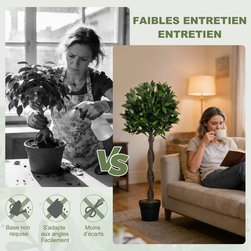 Lot de 2 lauriers topiaires artificiels salon 70 x 120 x 13 cm sans entretien feuillage réaliste moderne en plastique vert 21_0003957