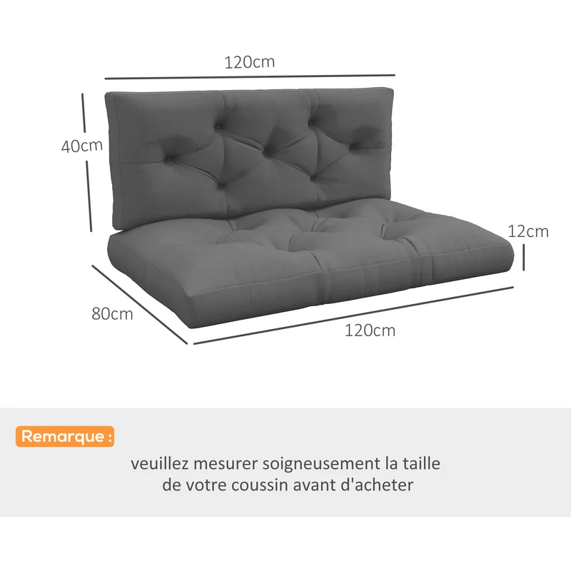 Lot de 2 coussins pour canapé palette 120 x 80 x 12 cm confort capitonné style tendance extérieur en polyester gris 21_0005224
