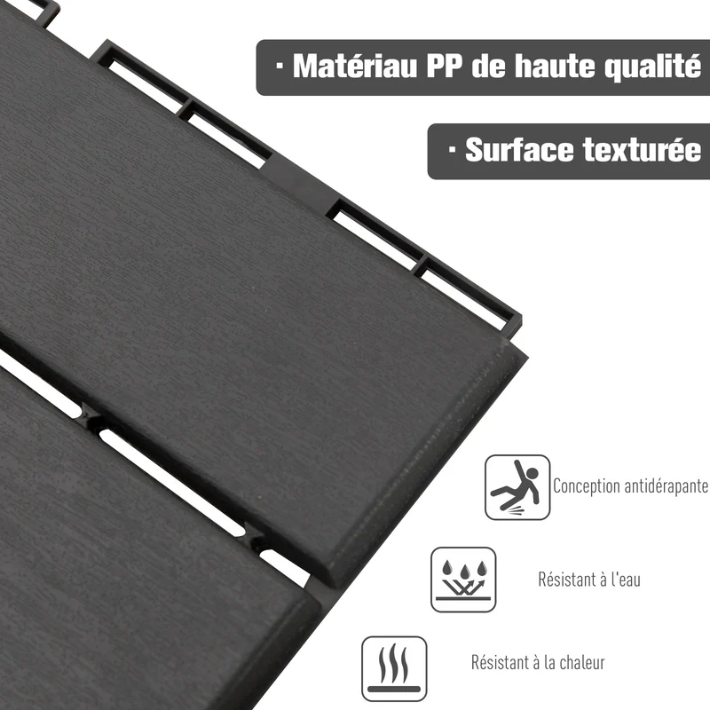 Lot de 18 dalles de terrasse caillebotis emboîtables 30 x 30 x 2 cm antidérapantes entretien facile épuré en PP noir 21_0004010