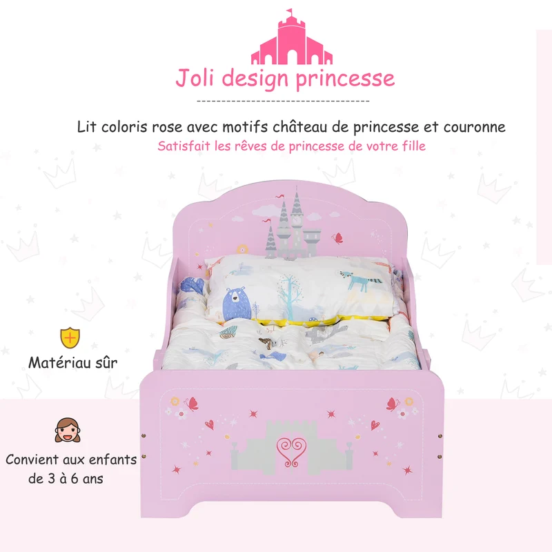 Lit enfant princesse 143 x 73 x 60 cm sommier à lattes inclus sécurité idéale lignes courbes cosy décoratif en MDF rose 21_0000137