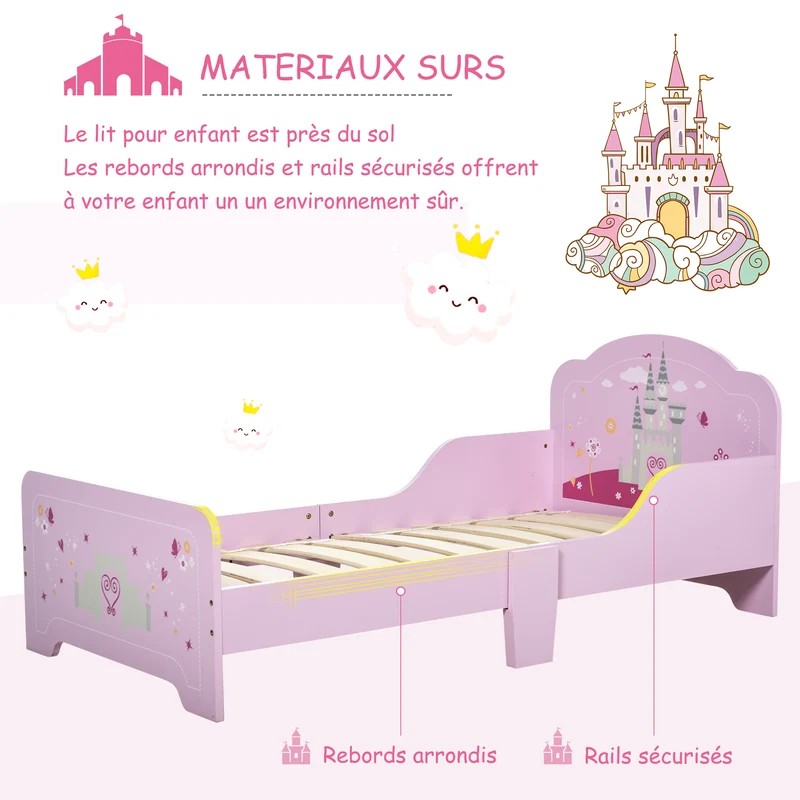 Lit enfant princesse 143 x 73 x 60 cm sommier à lattes inclus sécurité idéale lignes courbes cosy décoratif en MDF rose 21_0000137