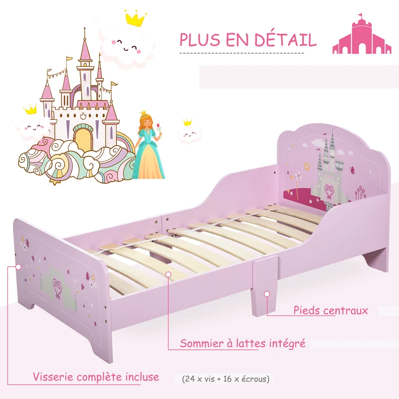 Lit enfant princesse 143 x 73 x 60 cm sommier à lattes inclus sécurité idéale lignes courbes cosy décoratif en MDF rose 21_0000137