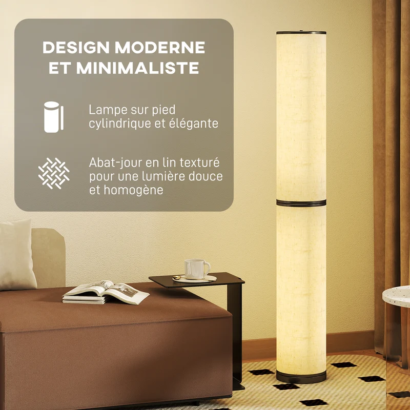 Lampadaire sur pied salon bureau 20 x 135 cm intensité variable télécommande magnétique moderne minimaliste en lin beige 21_0007061