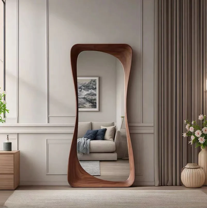 Contemporary Scandinavian Rectangular Rounded-Edge Design Rubberwood Medium Density Fiberboard Tempered Glass Wall Mirror Leaning Full-Length Floor Mirror For Bedroom