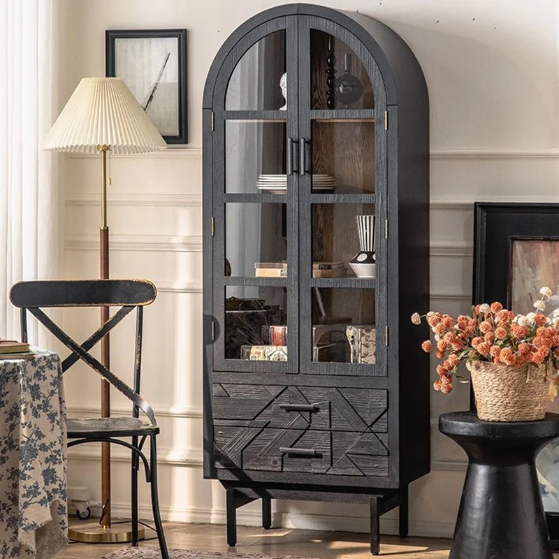 Traditional French Cedar MDF Iron Ellipse Rectangular Storage Cabinet 4-Tier For Living Room