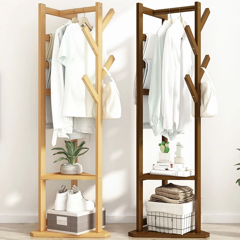 Traditional Japanese Tri-Branch Solid Bamboo Floor-Standing Hall Tree 2-Tier For Entryway & Hallway