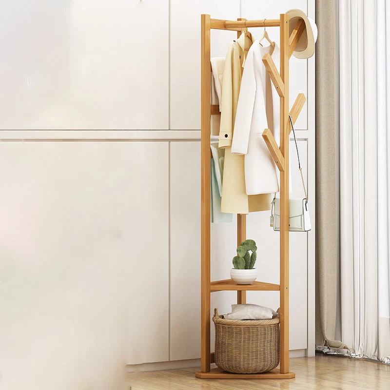 Traditional Japanese Tri-Branch Solid Bamboo Floor-Standing Hall Tree 2-Tier For Entryway & Hallway