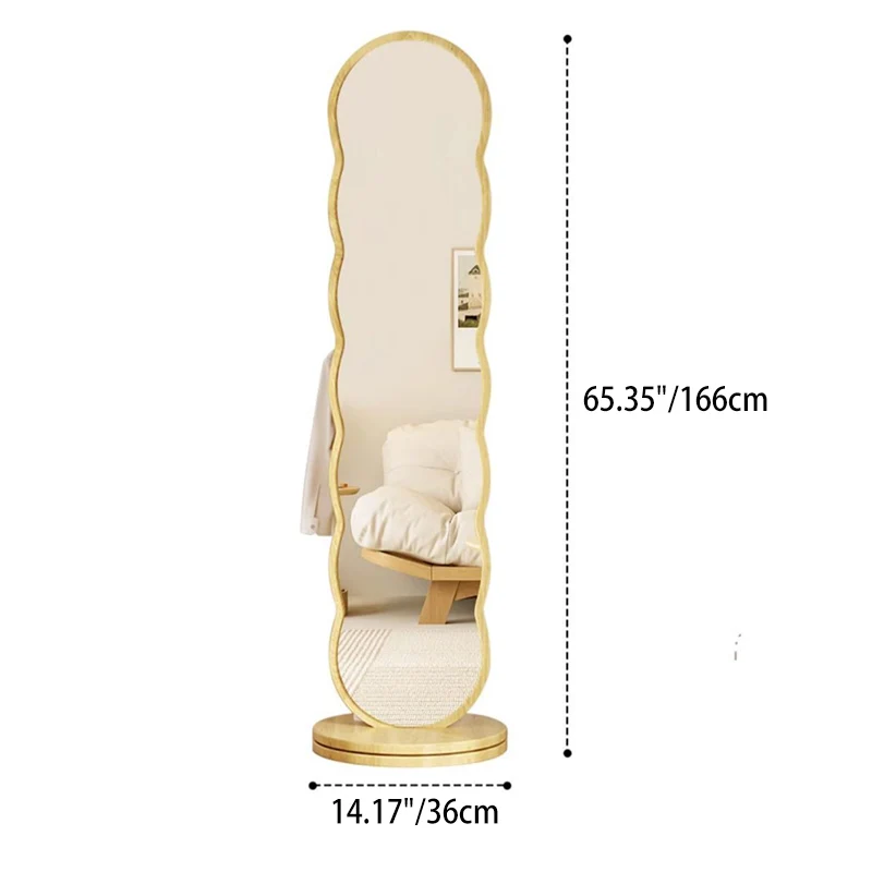 Modern Minimalist Oval Round Wavy Chipboard Glass Rotatable Full-Length Floor Mirror 2-Tier For Bedroom
