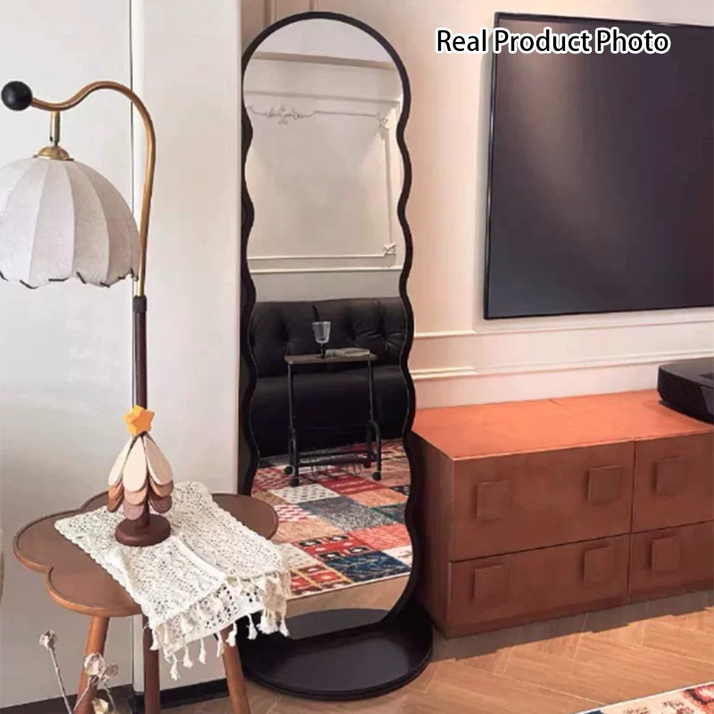 Modern Minimalist Oval Round Wavy Chipboard Glass Rotatable Full-Length Floor Mirror 2-Tier For Bedroom