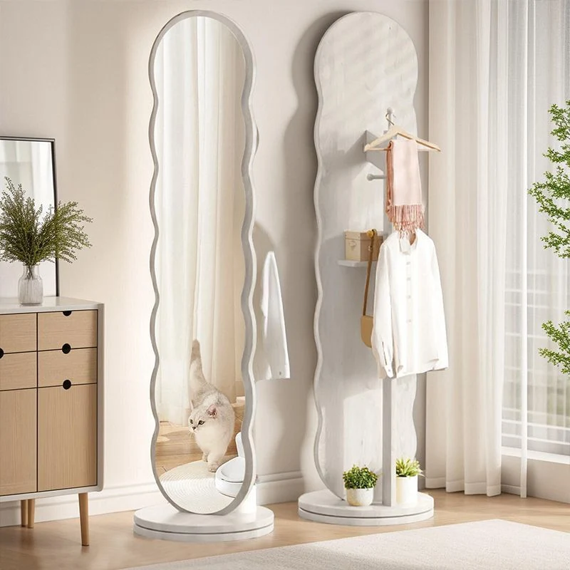 Modern Minimalist Oval Round Wavy Chipboard Glass Rotatable Full-Length Floor Mirror 2-Tier For Bedroom