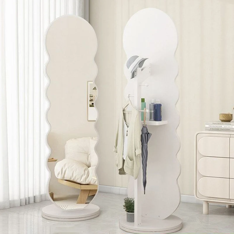Modern Minimalist Oval Round Wavy Chipboard Glass Rotatable Full-Length Floor Mirror 2-Tier For Bedroom