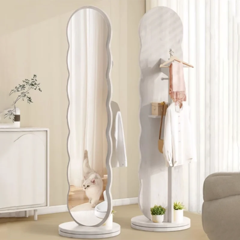 Modern Minimalist Oval Round Wavy Chipboard Glass Rotatable Full-Length Floor Mirror 2-Tier For Bedroom