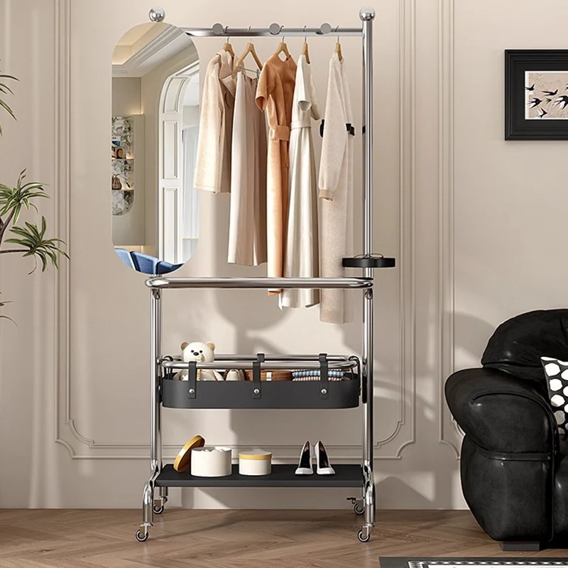 Contemporary Industrial Rectangular Stainless Steel Rubberwood Saddle-Style Faux Leather Movable Hall Tree 2-Tier With Rotatable Half-Length Mirror For Entryways