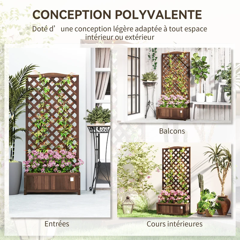 Jardinière surélevée balcon jardin 76 x 36 x 170 cm treillis plantes grimpantes drainage rustique en bois marron foncé 21_0004253