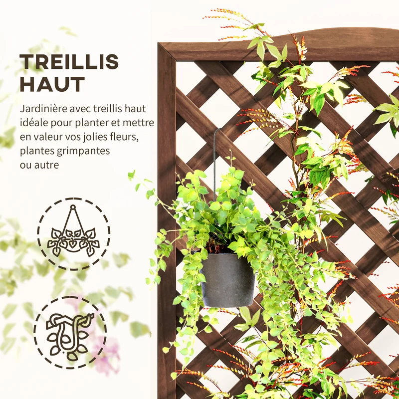 Jardinière surélevée balcon jardin 76 x 36 x 170 cm treillis plantes grimpantes drainage rustique en bois marron foncé 21_0004253