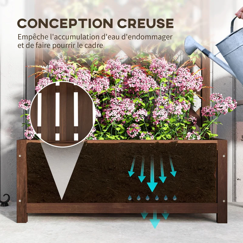 Jardinière surélevée balcon jardin 76 x 36 x 170 cm treillis plantes grimpantes drainage rustique en bois marron foncé 21_0004253