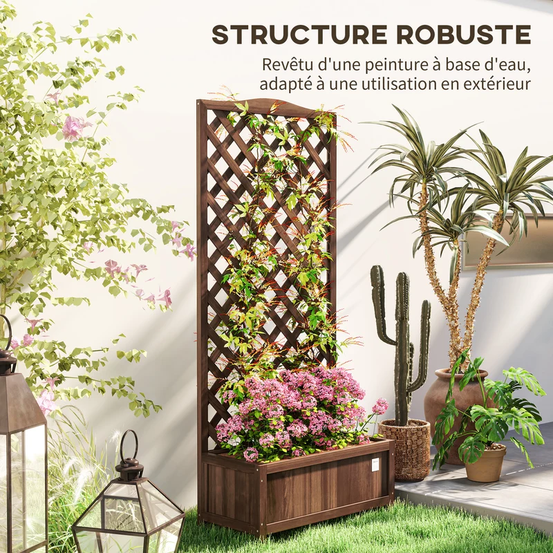Jardinière surélevée balcon jardin 76 x 36 x 170 cm treillis plantes grimpantes drainage rustique en bois marron foncé 21_0004253