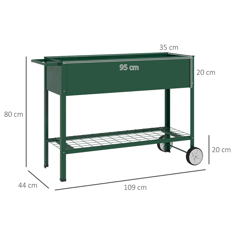 Jardinière sur pieds potager balcon terrasse jardin 109 x 44 x 80 cm roulettes et étagère moderne design en métal vert 21_0004169
