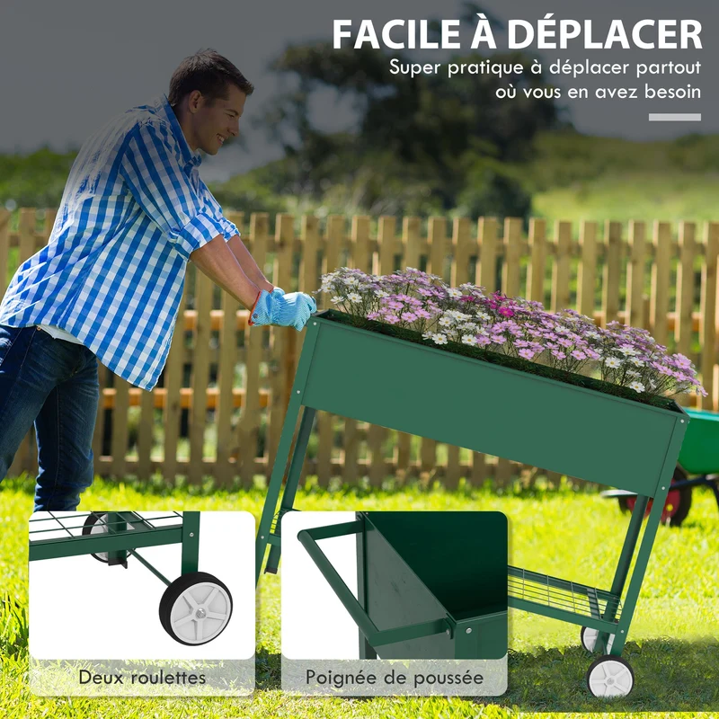 Jardinière sur pieds potager balcon terrasse jardin 109 x 44 x 80 cm roulettes et étagère moderne design en métal vert 21_0004169