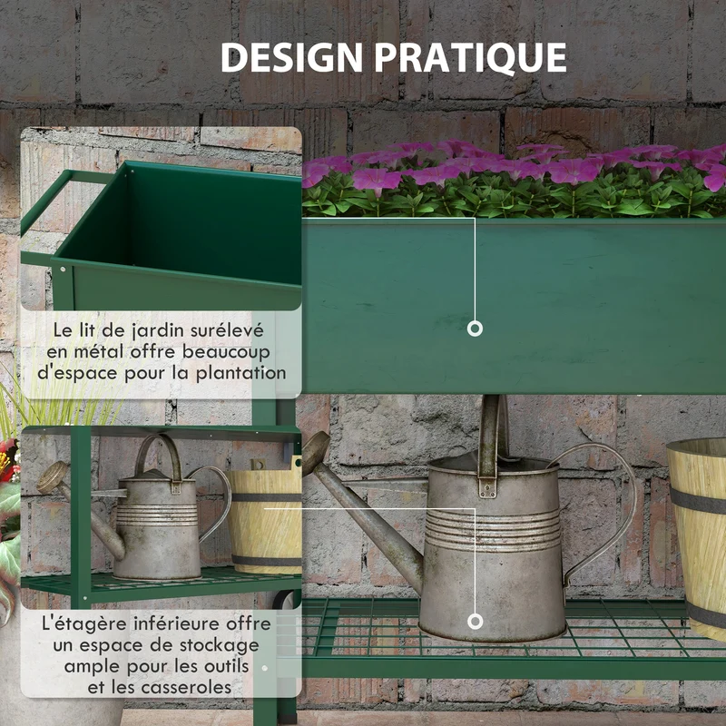 Jardinière sur pieds potager balcon terrasse jardin 109 x 44 x 80 cm roulettes et étagère moderne design en métal vert 21_0004169