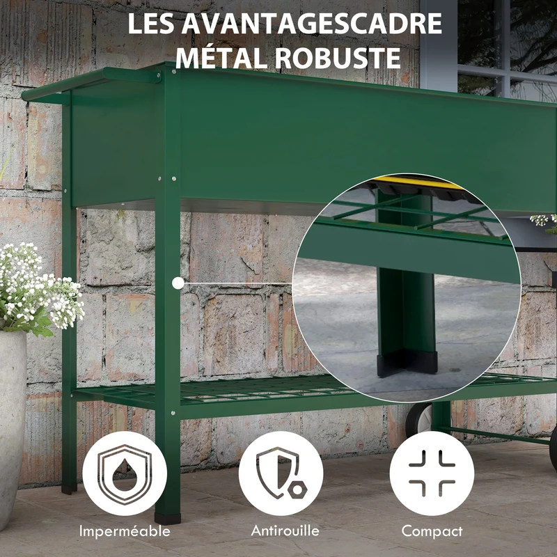 Jardinière sur pieds potager balcon terrasse jardin 109 x 44 x 80 cm roulettes et étagère moderne design en métal vert 21_0004169