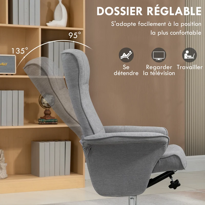 Fauteuil relax inclinable 69 x 93 x 97 cm pivotant 360° assise confortable design contemporain en polyester gris foncé 21_0003073