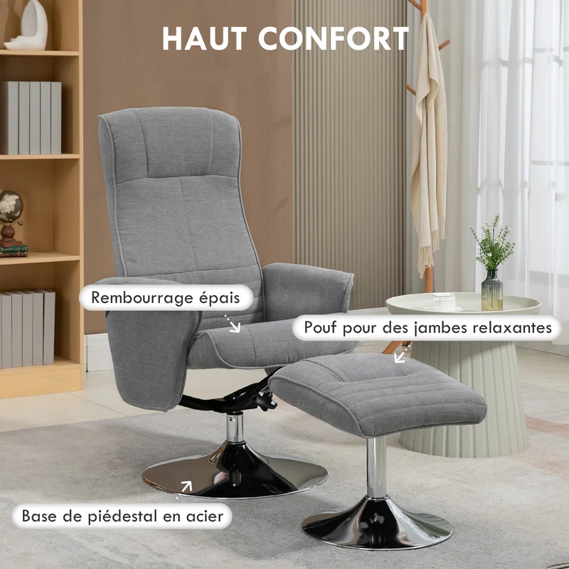 Fauteuil relax inclinable 69 x 93 x 97 cm pivotant 360° assise confortable design contemporain en polyester gris foncé 21_0003073